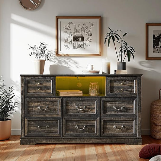 Dresser for Bedroom with Charging Station & Led Lights,55.02" TV Stand with 8 Drawers,Dressers & Chests of Drawers with Open Shelves,Hallway,Closet 55.02" W x 34.53" H x 15.77" D Rustic Oak