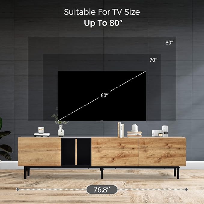 Merax Modern TV Entertainment Center with 3 Cabinets & Open Shelves, Wood TV Stand for TVs Up to 80” for Living Room Bedroom (Natural)
