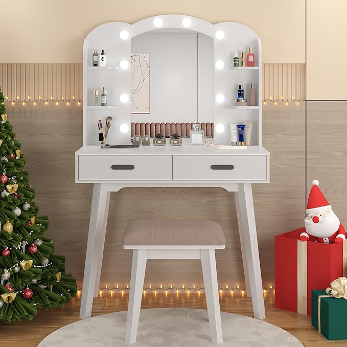 Makeup Vanity Desk with Mirror, Vanity Desk with Lights and Mirror, Makeup Vanity with Drawers and Chair White Vanity with Chair