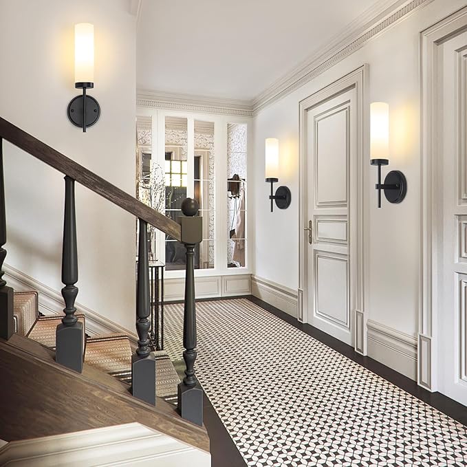 Black Wall Sconces, Modern Bathroom Vanity Lights with Frosted Glass, Sconces Wall Decor Set of 2, Hardwired Wall Sconce Lighting, Indoor Wall Lights for Bedroom Living Room Hallway