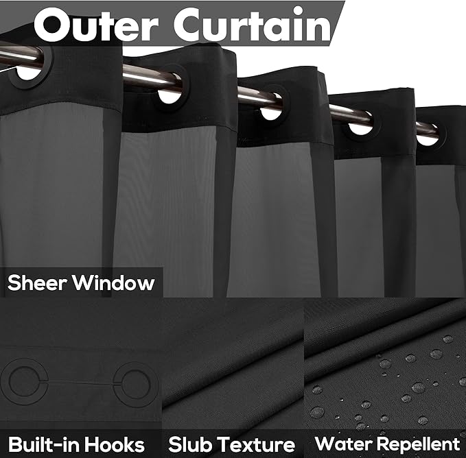 Extra Long No Hook Slub Textured Shower Curtain with Snap-in PEVA Liner Set - 71" x 98"(96"), Hotel Style with See Through Top Window, Black Fabric Curtain & Waterproof Liner, Black, 71x98