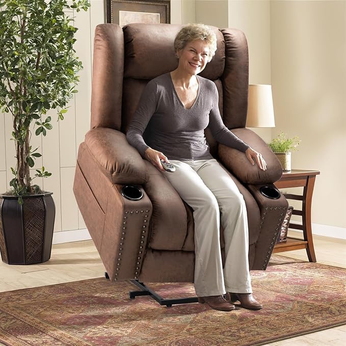 Large Power Lift Chair Recliner for Elderly with Heated and Massage, Overstuffed Adjustable Lift Chair, 3 Position, Breathable Leather, USB-A&USB-C, Cup Holder (Small-7523, Chocolate)