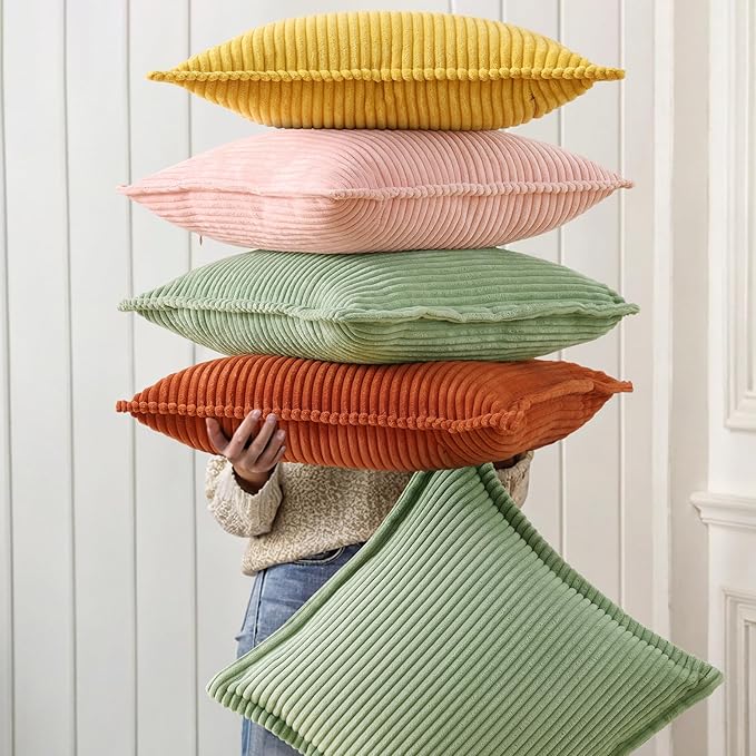 decorUhome Corduroy Sage Green Throw Pillow Covers 22x22 Set of 2 Decorative Soft Boho Striped Neutral Euro Farmhouse Couch Pillow Covers with Broadside for Living Room Bed Sofa