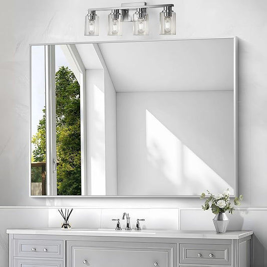 BONEWEI Silver Bathroom Mirror,36x48 inch Wall Mirror for Bathroom Wall Mounted,Large Rectangle Mirror for Bathroom Over Sink,Modern Metal Frame for Living Room,Bedroom Entryway,Horizontal/Vertical
