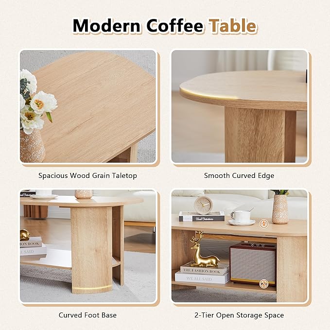 43.3” Oval Coffee Table with Storage, Wood Coffee Tables for Living Room, Farmhouse Center Table with 2-Tier Storage Shelf Low Tea Table for Small Space, Home, Office (Natural)