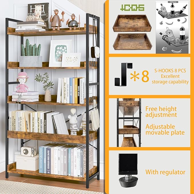 HCHQHS 5 Tier Bookshelf, Adjustable Industrial Bookcase, Vertical Tall Book Shelf, Wood and Black Metal Open Bookshelves for Home Office, Living Room, Bedroom