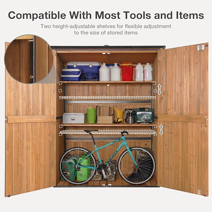 Outdoor Storage Shed with Floor - Waterproof Natural Fir Cabinet with Adjustable Shelves and Double Lock for Anti-Theft - Suitable for Storing Garden Tools, and Household Debris (Brown)