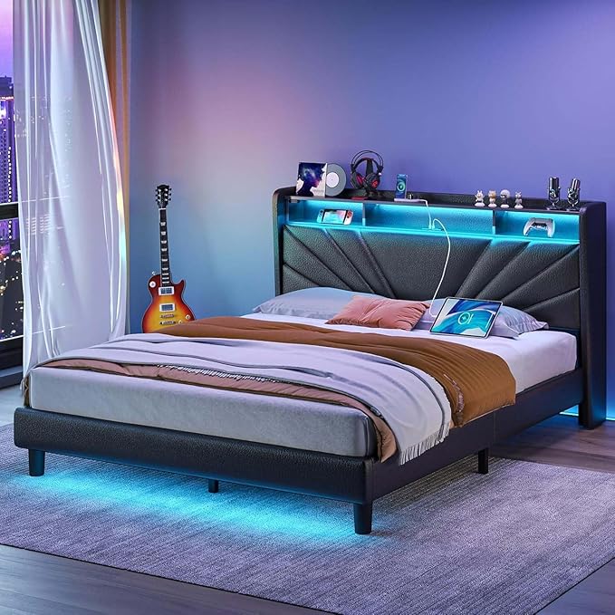 Rolanstar Queen Size Bed Frame, Storage Headboard with Charging Station and LED Lights, Upholstered Bed with Heavy Duty Wood Slats, No Box Spring Needed, Noise Free, Easy Assembly, Black