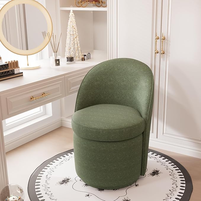 YOUNIKE Vanity Bench Boucle Fabric Green Solid Wood Swivel Accent Chair with Backrest Easy Assembly Dressing Stool for Bedroom & Makeup Room
