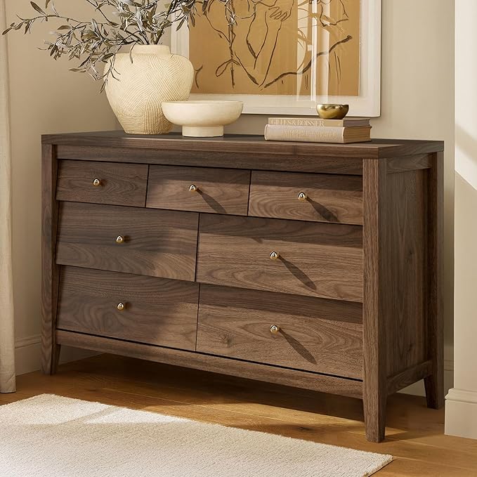 7 Drawers Dresser with Beveled Panel, Farmhouse Chest of Dressers for Bedroom, Wood Dresser TV Stand, Drawer Organizer for Bedroom, Living Room, Hallway, Walnut