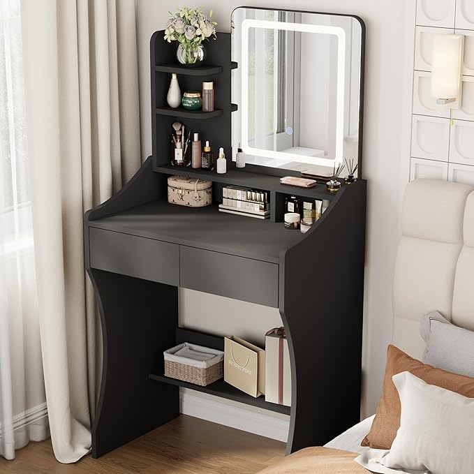 Small Vanity Desk, Makeup Vanity with Mirror and Lights, Vanity Desk with Drawer & 3 Storage Shelves, Black Makeup Vanity Desk with Lights for Bedroom
