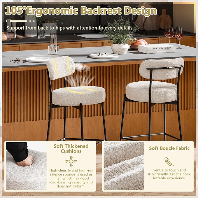 DYHOME Bar Stools Set of 2, 24 Inches Modern Counter Height Bar Stools with Curved Back Metal Legs, Grey Upholstered Boucle Barstools for Kitchen Island, Cafe