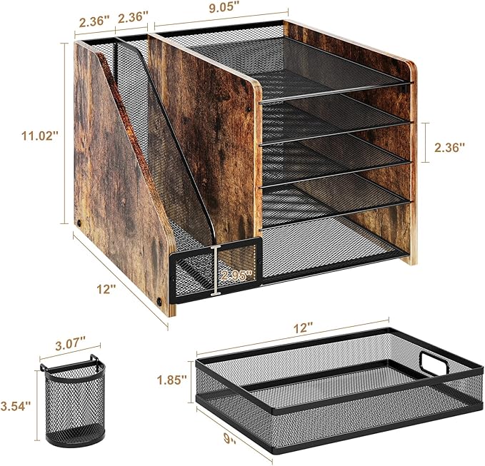 Marbrasse Desk Organizer with File Holder, 5-Tier Paper Letter Tray Organizer with Drawer and 2 Pen Holder, Mesh Desktop Organizer and Storage with Magazine Holder for Office Supplies (Wood-Brown)