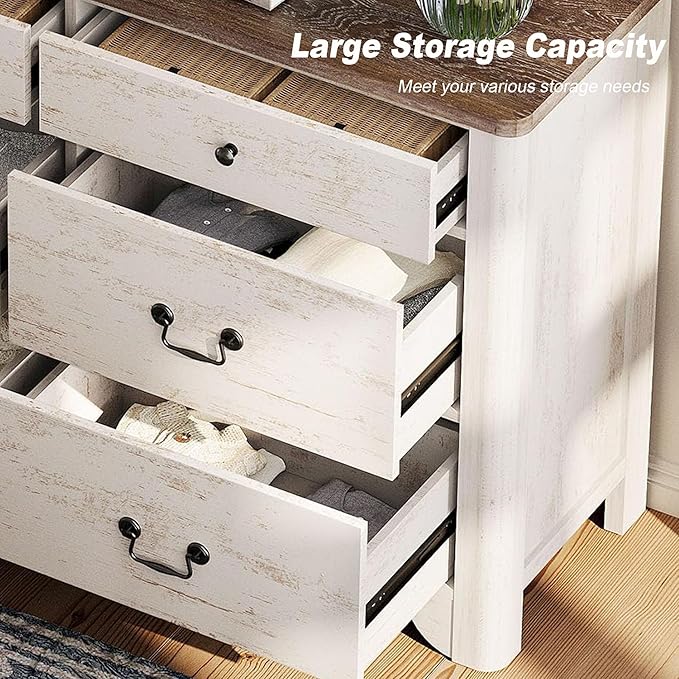 WAMPAT White Dresser with 12 Drawers, 94.5“ W Farmhouse Dresser TV Stand with Large Drawers, Rustic Wood Wide Chest of Drawers for Closet, Wood Dressers for Bedroom, Living Room, Hallway,
