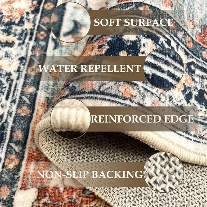 Area Rugs 9'x12' Washable Non-Slip, Floral Vintage Distress Print Pattern Medallion Carpet for Living Room Bedroom Dining Room, Beige Navy Blue Orange Colorful