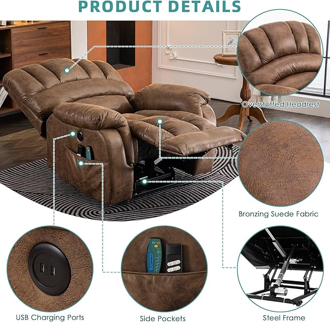 MEETWARM Large Infinite Position Dual Motor Recliner Chair for Big and Tall Elderly, Oversized Lay Flat Sleeper Power Lift Recliner with Massage Heat, 2 Remote Controls/USB Port/Side Pockets(Brown)