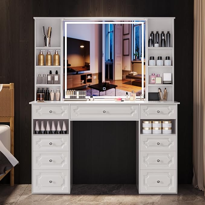 Makeup Vanity with Lighted Mirror, 47" Large Vanity Desk with 9 Drawers & 10 Open Storage Shelves, Brightness Adjustable, Dressing Table for Bedroom, Women Girl (White, B Panel)