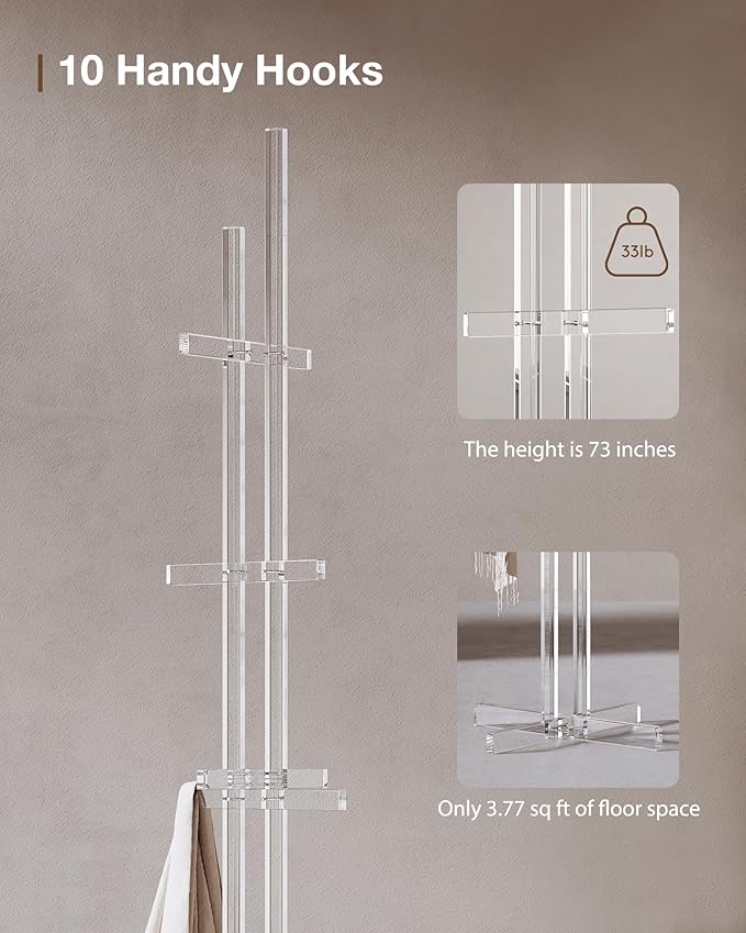 Modern Coat Rack, Freestanding Acrylic Coat Racks with 10 Hooks for Hats, Clothes,Coats, Scarves, Handbags in Bedroom, Hallway, Entrance, Office and Living Room, Easily Assemble, 72.83"H, Clear