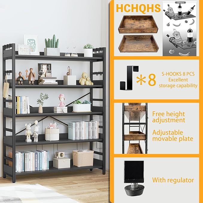 HCHQHS 5 Tier Bookshelf, Adjustable Industrial Bookcase, Vertical Tall Book Shelf, Wood and Black Metal Open Bookshelves for Home Office, Living Room, Bedroom