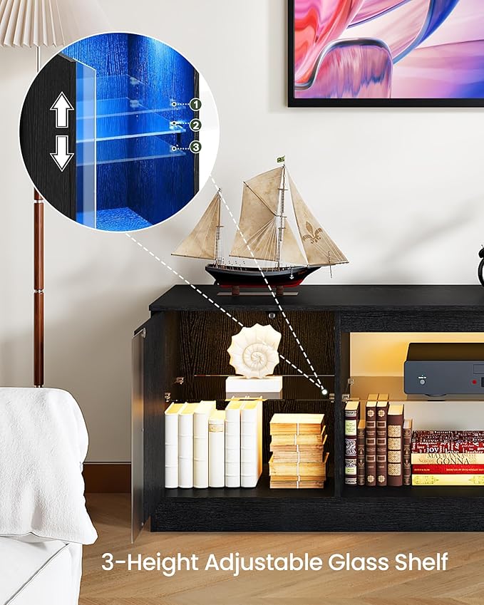 TV Stand with Power Outlets to 63 65 70inch TV, Modern Entertainment Center with Multi-Color LED Light, Media TV Console with Adjustable Glass Shelves for Living Room, Bedroom, Black MDS03UDBB