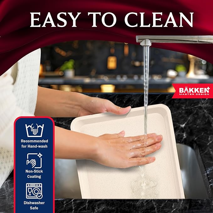 BAKKEN Kitchen Baking Pan - Small, Medium, and Large Cookie Pan (13.58×9.65, 15.75×11, 17.91×12.60), Nonstick, Diamond Texture Bottom, PFOA, PFOS, PTFE Free, Oven Safe (450°F), Pack of 3, White Marble