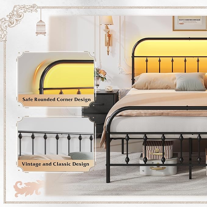 WLIVE Full Size Bed Frame with Headboard, Full Bed Frame with LED Lights and Charging Station, Metal Platform Bed with Storage, Black