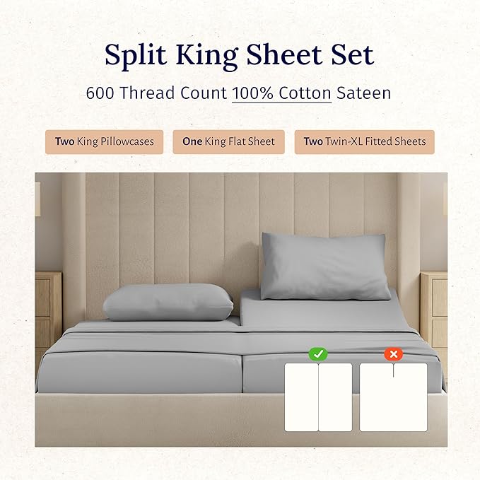 California Design Den Split King Sheet Set - 100% Cotton, 600 Thread Count, Breathable Luxury King Size Sheets for Adjustable Bed, Luxury Hotel-Quality Sheets with Soft Sateen Weave - Light Grey