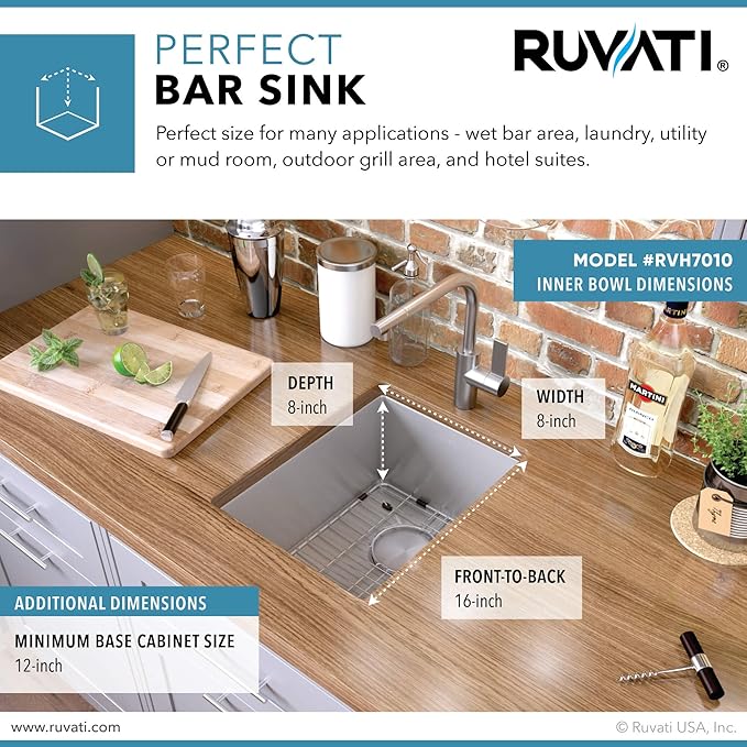 Ruvati 10-inch Rounded Corners Undermount Wet Bar Prep Sink Tight Radius - 16 Gauge Stainless Steel Bar Sink Single Bowl with Brushed Finish hides scratches, Easy-to-Clean Undermount Sinks - RVH7010