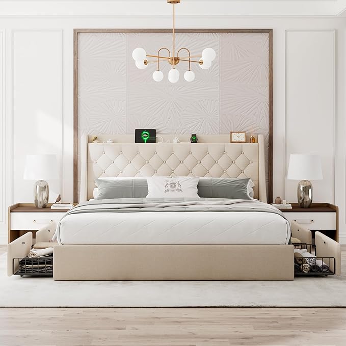 Upholstered King Size Bed Frame with 4 Storage Drawers, Modern Platform Bed with Wingback Headboard, Charging Station, No Box Spring Needed, Beige