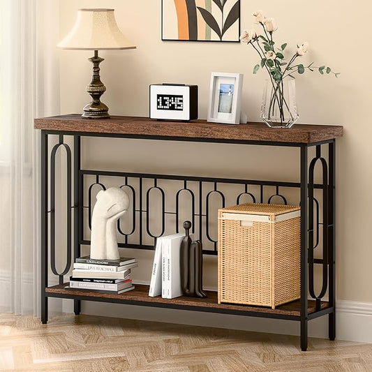 Industrial Console Table for Entryway, Rustic Console Table Behind Couch, 2 Tier Sofa Tables for Home Living Room, Hallway, Entrance, with Metal Frame(48 inches)