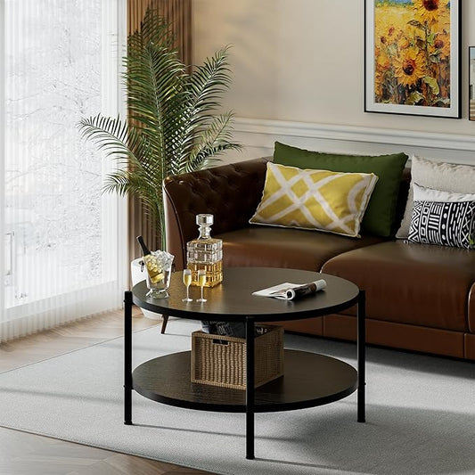 Round Coffee Table, 27.6" Circle Coffee Table for Living Room, 2-Tier Wood Accent Center Table with Open Storage Industrial Design Home Furniture, Black