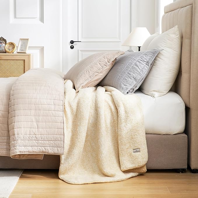 Cozy Bliss Ultra Soft Reversible Double Sherpa Sided Blanket, Fluffy Thick Warm Plush Fuzzy Blanket for Couch, Bed and Gifts (Mottled Beige, 60" x 80")