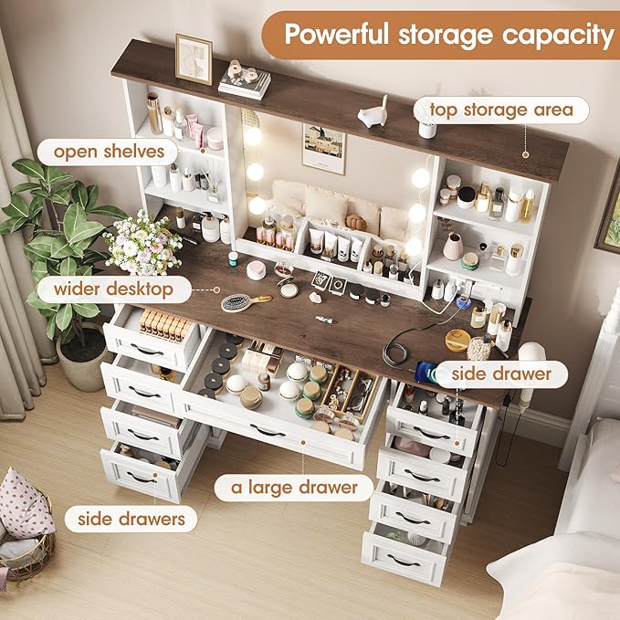 Maupvit Vanity Desk with Mirror and Lights，Large Makeup Table with Storage，White Vanity with Drawers and Shelves，Bedroom Dressing Table
