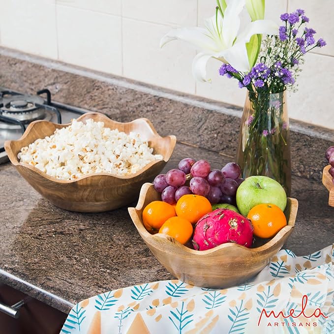Mela Artisans Scalloped Decorative Wooden Bowls Set of 2 |12 Inch &10 Inch Mango Wood Fruit | Serving Bowls | Natural Grain Texture | Kitchen Counter | Snacks | Desserts | Bread | Handcrafted Decor