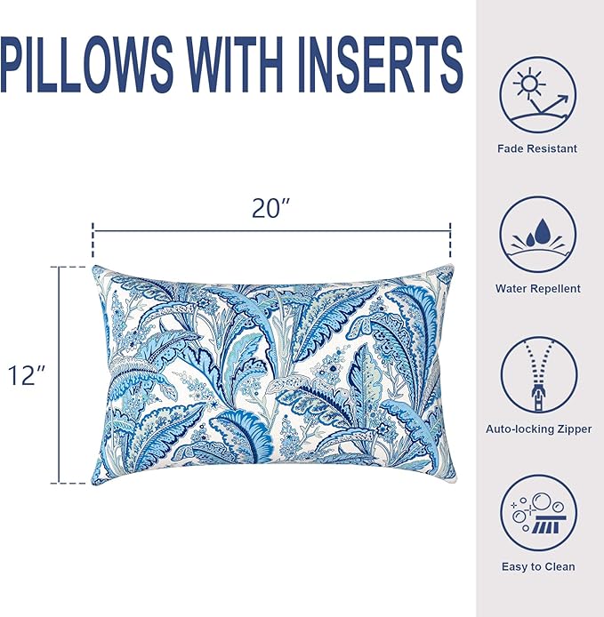 Outdoor/Indoor Lumbar Pillows, Water Repellent Cushion Pillows, 12x20 Inch, Outdoor Pillows with Inserts for Home Garden, Pack of 2, Monotone Leaves Blue
