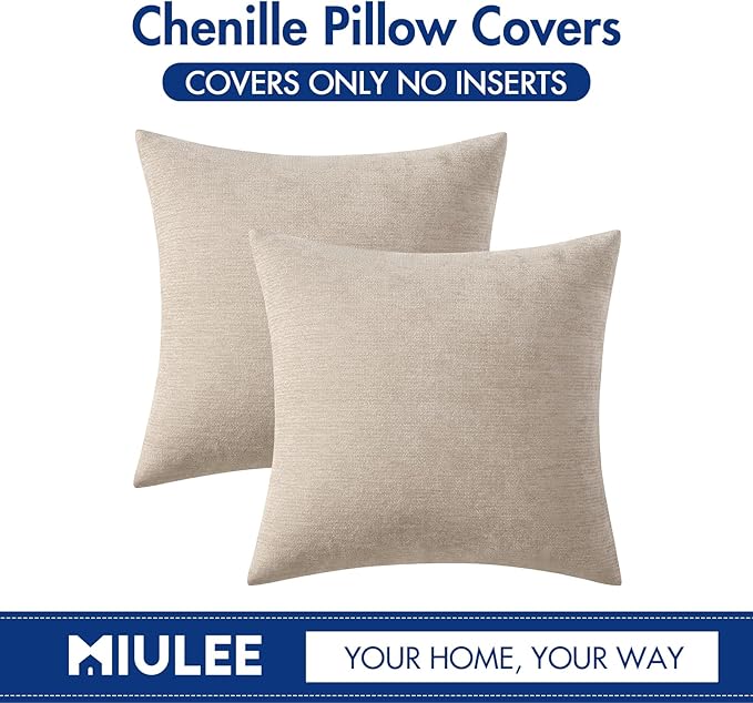 MIULEE Pack of 2 Beige Decorative Pillow Covers 22x22 Inch Soft Chenille Couch Throw Pillows Farmhouse Cushion Covers for Home Decor Sofa Bedroom Living Room
