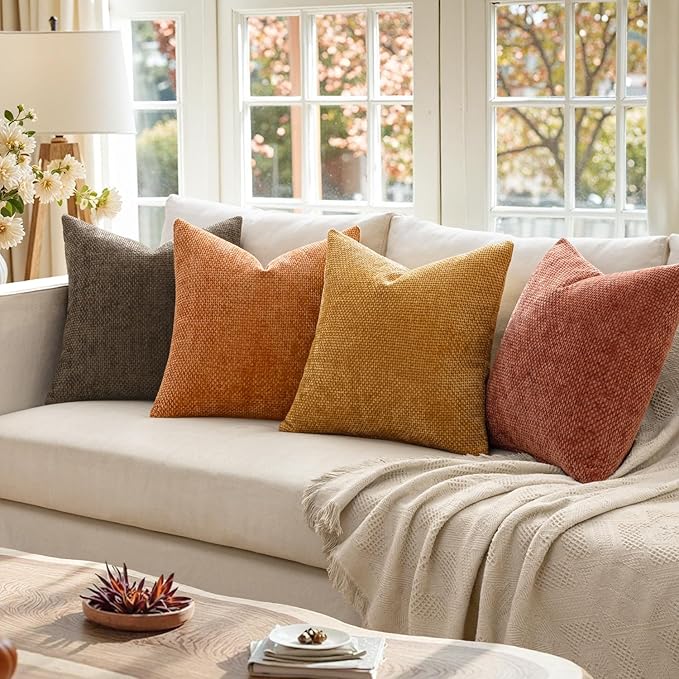 MIULEE Pack of 4 Fall Orange/Yellow Couch Throw Pillow Covers 20x20 Inch Halloween Soft Decorative Chenille Pillows Farmhouse Accent Cushions for Boho Home Decor Spring Sofa Bedroom Living Room