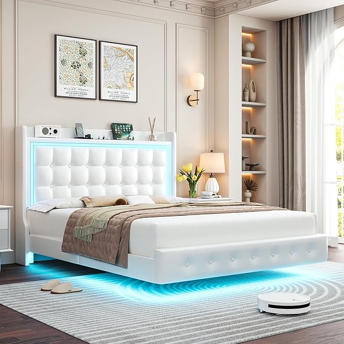 Keyluv Upholstered Queen Floating Bed Frame with LED Lights and Charging Station, Pu Leather Platform Bed with Button Tufted Storage Headboard, Type-C & USB Charging Ports, No Box Spring Needed, White