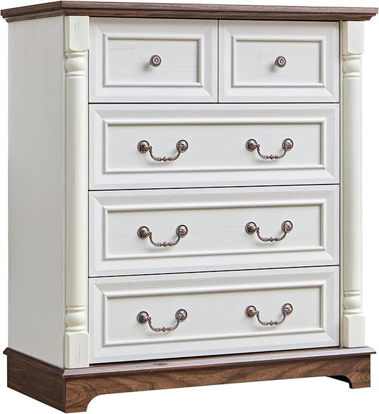 Farmhouse 5 Drawer Dresser with Roman Column Design, 36" Tall Chest of Drawers, Wood Storgae Cabinet Organizer for Bedroom, Hallway, Antique White