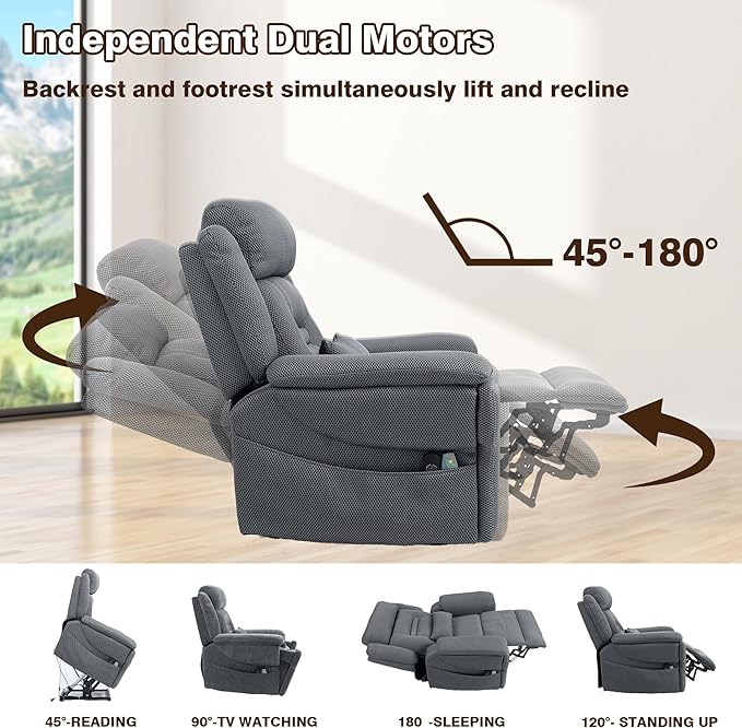 28 Inch Extra Wide Recliner Lay Flat 180°, Big Man 400lbs Oversized, Power Lift Recliner with Heat and Massage for Elderly, Large Heavy Duty Recliners with Cup Holders and Wireless Phone Charger