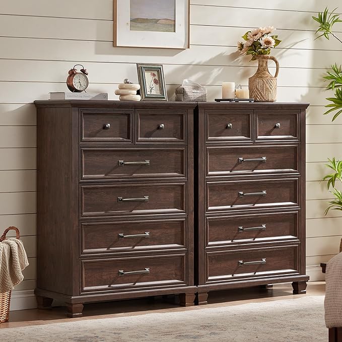 Farmhouse 6 Drawer Dresser for Bedroom, 45 Inch Tall Vintage Wood Chest of Drawers, Rustic Dressers w/Square Wooden Legs, Mid-Century Storage Organizer for Living Room, Hallway, Walnut