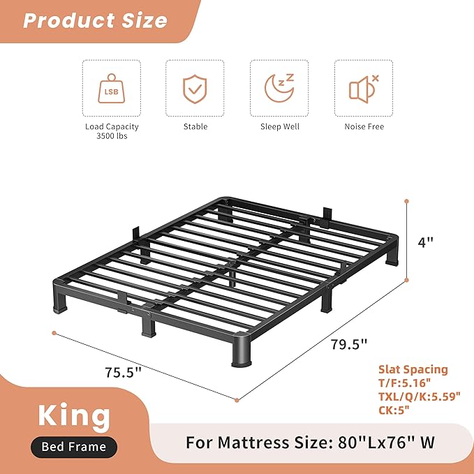 4 Inch King Heavy Duty 3500 lbs Bed Frame with Round-Corner Legs & Anti-Squeak Design – Quick Assembly Metal Platform, No Box Spring Needed