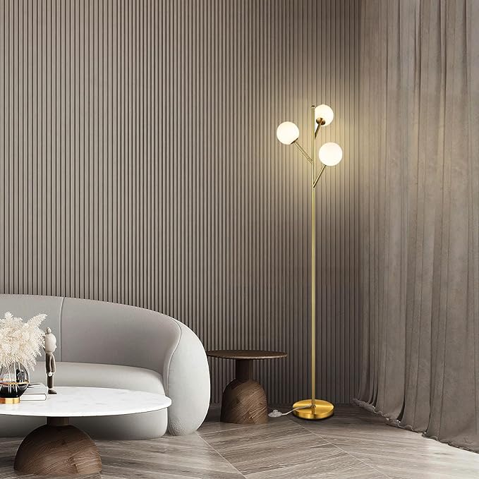 Globe Mid Century Tree Floor Lamp with 3 Light Bulbs,70in Tall Standing Glod Floor Lamp with Frosted Glass Shade for Living Room,Office,Bedroom, Study Room, Hotel, Antique Brass Lighting