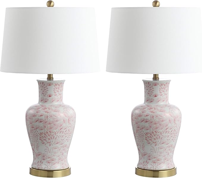 SAFAVIEH Lighting Collection Calli Pink/ White Chinoiserie 28-inch Bedroom Living Room Home Office Desk Nightstand Table Lamp Set of 2 (LED Bulbs Included)