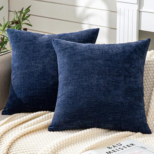GAWAMAY Decorative Square Throw Pillow Covers 22"x22" Inch Set of 2, Super Soft Chenille Pillows Farmhouse Fall Pillowcase for Living Room Bedroom Sofa Couch Cushion Cover Navy Blue 55x55cm