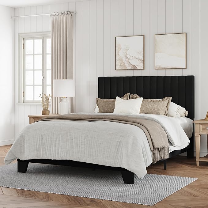 Full Size Bed Frame, Velvet Upholstered Platform Bed with Adjustable Tufted Headboard, Sturdy Frame and Slats, Noiseless, No Box Spring Required, Easy to Assemble, Black