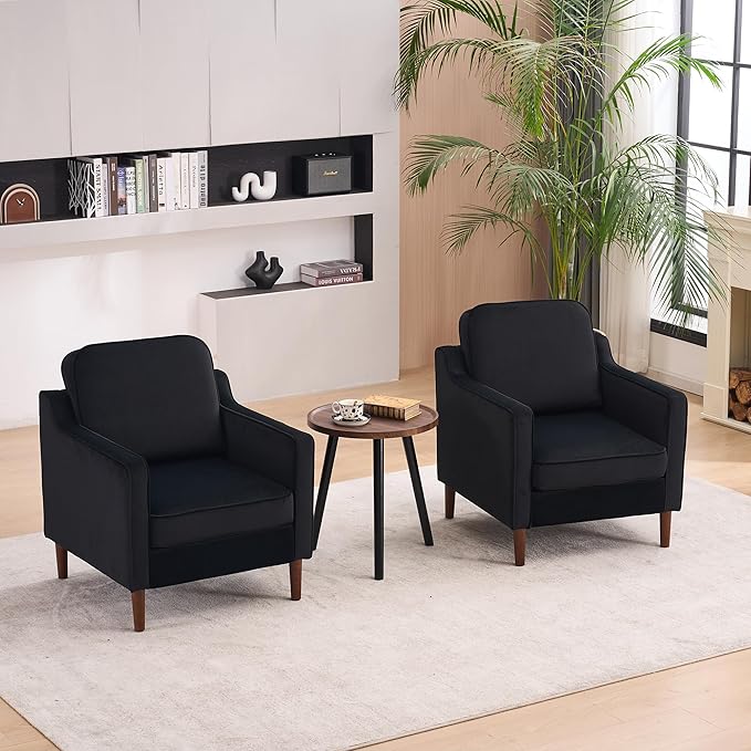 Mid Century Modern Accent Chair, Upholstered Reading Armchair for Living Room, Velvet Comfy Sofa Chair with Wood Legs for Bedroom, Office, Waiting Room, Black
