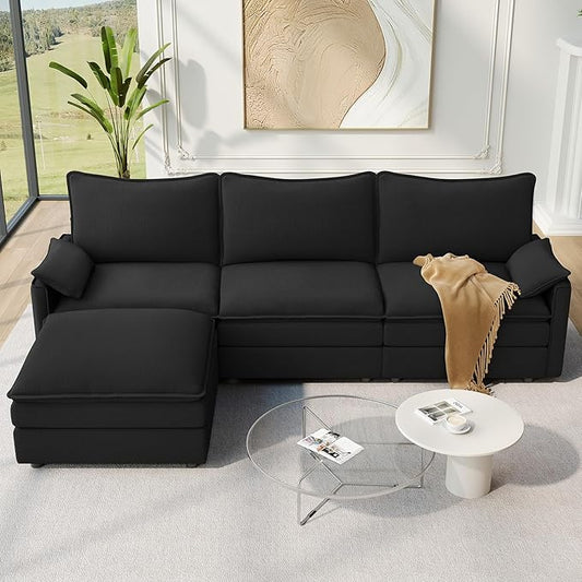 Vesgantti 108" Modular Sectional Sofa, Comfy Cloud Couch with Movable Ottoman Deep Seat Chenille L Shaped Modular Sofa, Sectional Couches for Living Room, Bedroom and Apartment, Black