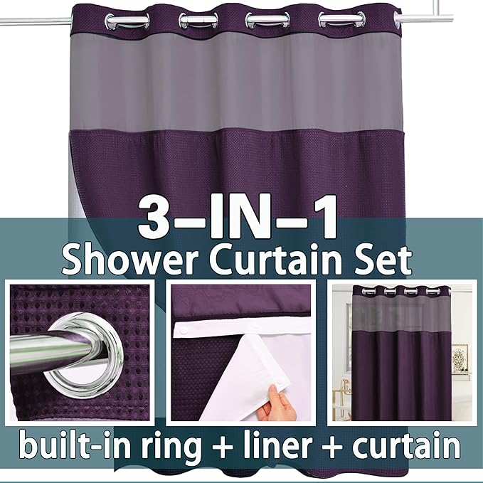 Extra Long No Hook Waffle Weave Shower Curtain with Snap in Liner Set, Hotel Luxury Purple Shower Curtains for Bathroom with See Through Top Window, Waterproof, Washable 71W x 84H