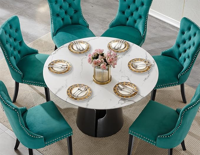 7-Piece Faux Marble Round Dining Table Set for 6, Modern Luxury Kitchen Table Set for 6 with Green Tufted Chairs,Circle Dining Tables with White Marble Grain Top and Black Pedestal Base